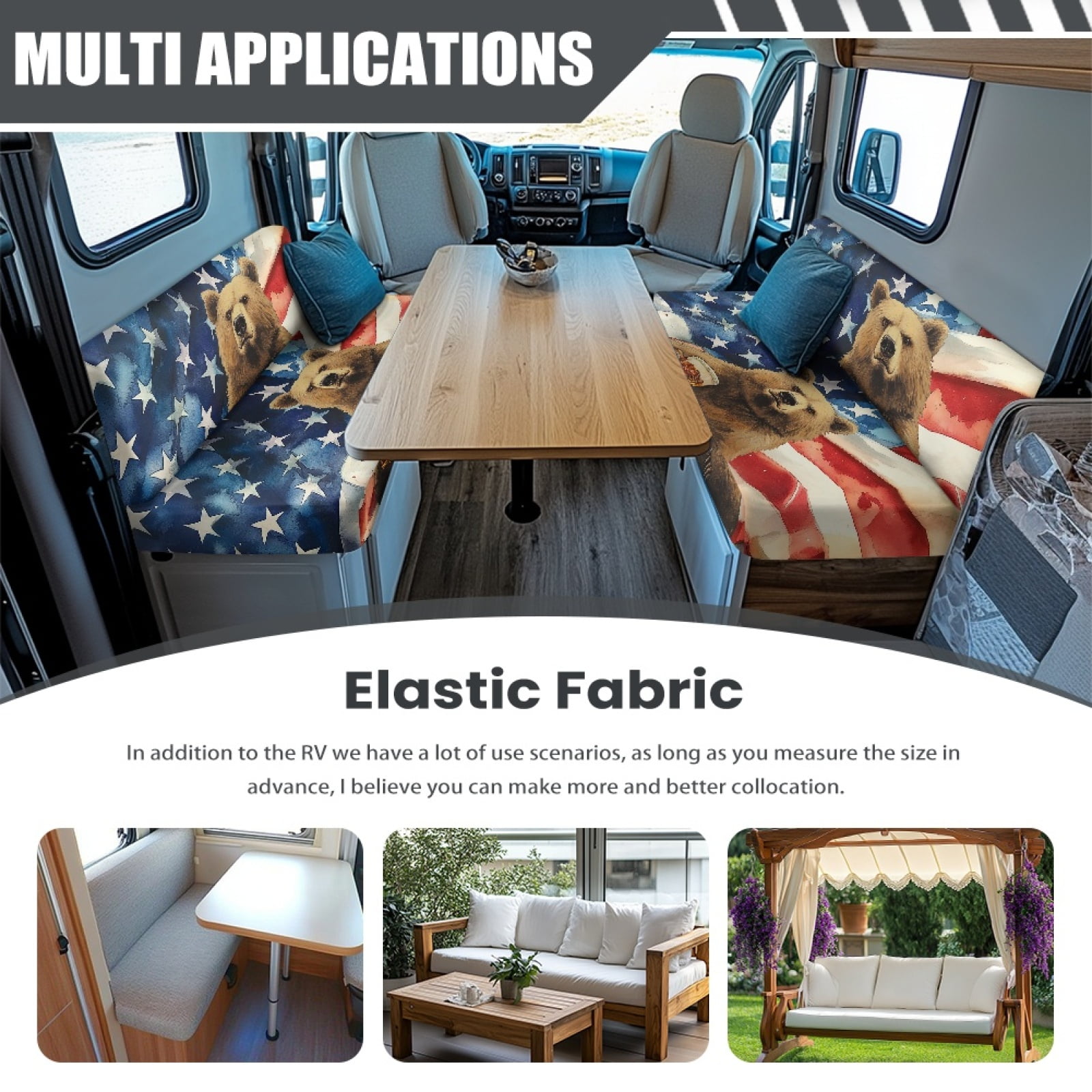 FOR U DESIGNS Bear Beer American Flag Pattern 2 Pcs RV Dinette Cushion Covers Anti-Slip Camper Cushion Slipcover Waterproof RV Couch Cover Sofa Slipover for Travel Trailer Couch