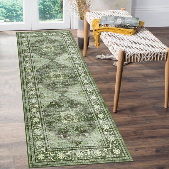 Findosom 2'x6' Runner Rugs for Hallway Machine Washable Runners Rug,Vintage Runner Rug Non Slip Kitchen Runner Rug Medallion Carpet Runner for Bedroom Laundry Entrance,Green