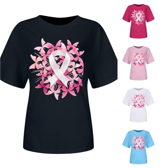 XDZJLR Cancer Awareness Women T Shirt Ladies Pink Ribbon Graphic Round Neck Short Sleeve T Shirt Tops T-Shirts Black Xl