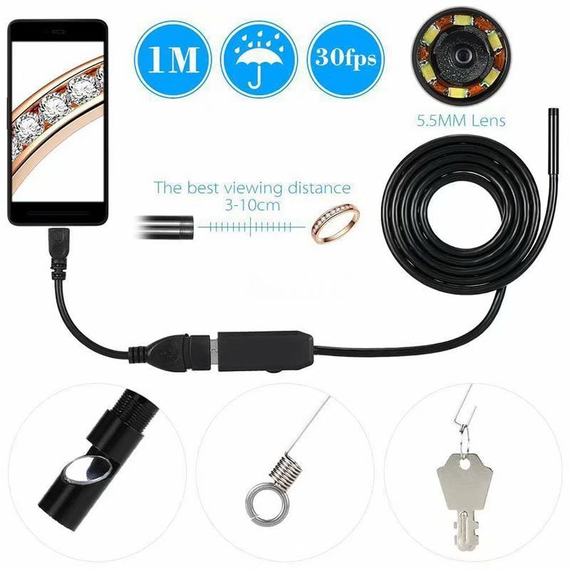 Micro USB for OTG Android PC 3.3FT Flexible Cord ，2 in 1 HD Waterproof Camera with 6 LED Light Notebooks Windows Mac with 1M 7mm USB Endoscope Inspection Camera 2.0 MP CMOS Snake Camera Borescope 