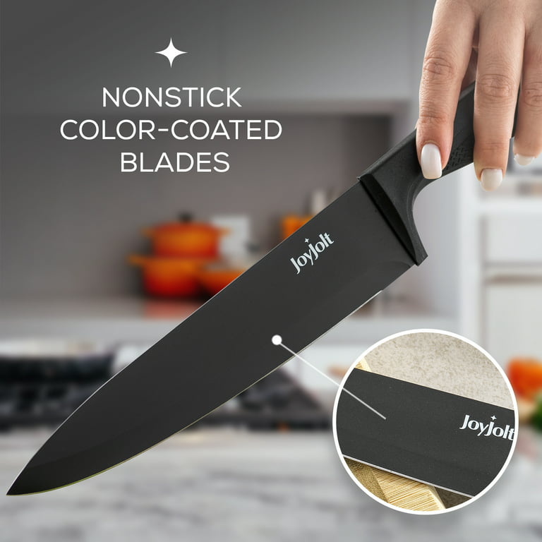 JoyJolt 12 Piece Kitchen Knives Set - 6 Stainless Steel Kitchen Knife Set  with Blade Guards - Chef Knife, Bread Knife, Slicer Knife, Santoku Knife,  Utility Knife, Paring Knife - Black 