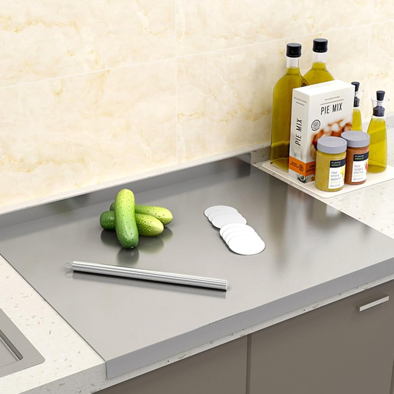 Stainless Steel Cutting Board with Lip for Kitchen Chopping Boards for Countertop Large Metal Cutting Board over Sink Suitable for Meat Fruits Vegetables Bread Noodle and Pizza Bamboo Knives
