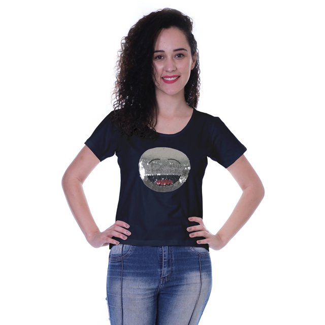 Moomaya T-shirt à Manches Courtes pour Femmes avec Col Rond, Écusson à Paillettes, Coupe Décontractée - 54