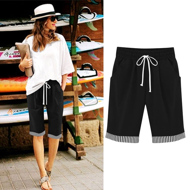 LVHAOGJOB Womens Summer Shorts Elastic Waist with Pockets Linen Plus Size Black Solid Color Shorts Pants for Ladies