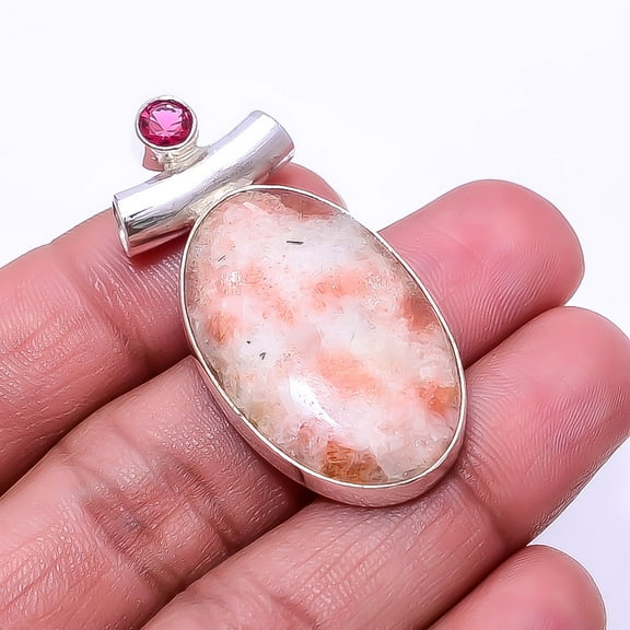 Golden Sunstone -Madagascar & Pink Rubellite Tourmaline 925 Sterling Silver Pendant 1.76", Orange Golden Sunstone Pendant P_8005_326_20, New Year Sale