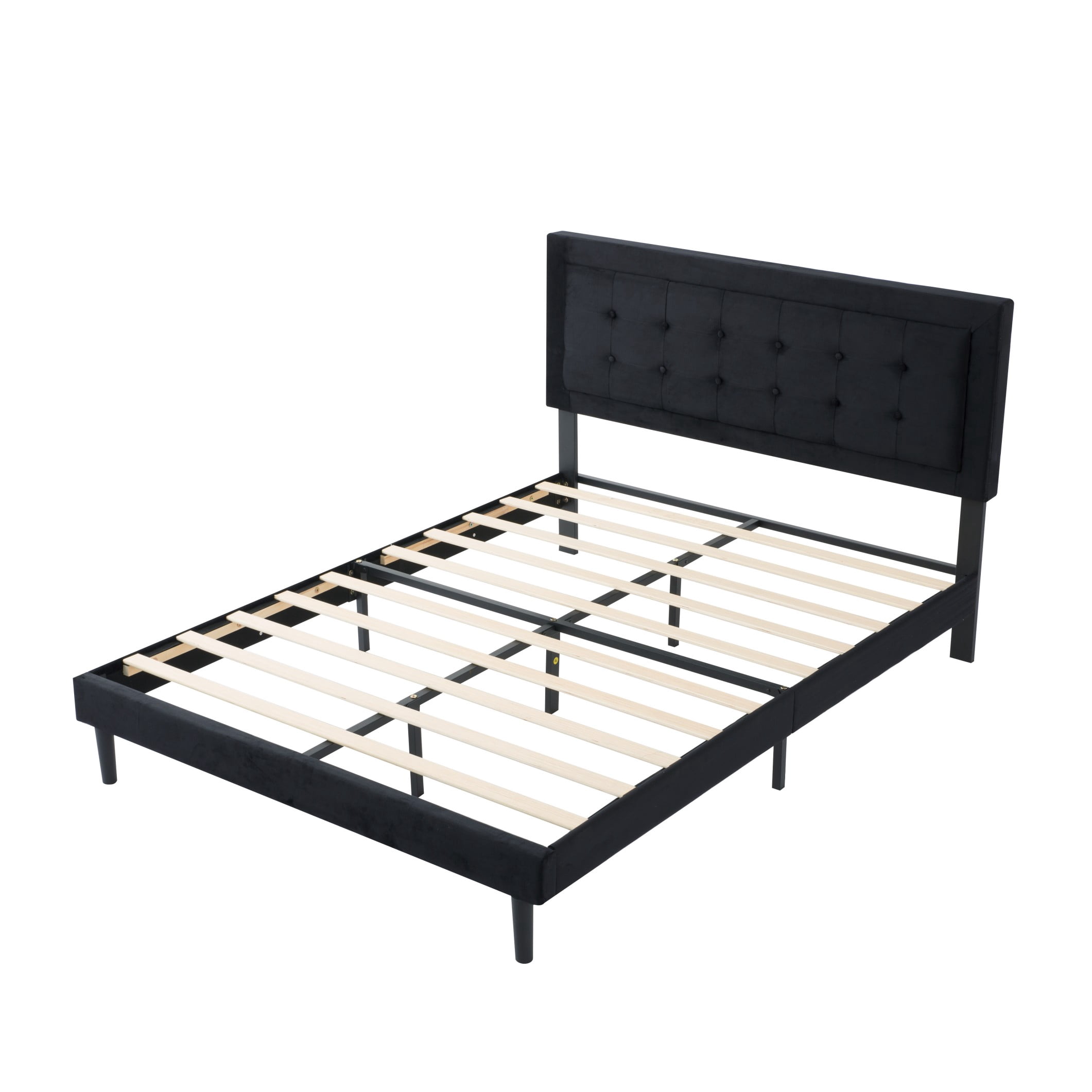 BSHTI Queen Size Platform Bed Frame with Square Tufted Upholstered Headboard – Solid Wood Frame, 10 Wood Slats, Center Support Leg, Under-Bed Clearance, No Box Spring Needed, Black