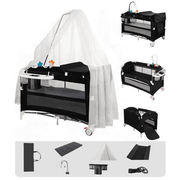 Baby Play Yard 7 in 1 Baby Playpen with Changing Table,Wheels, Nursery Center with Mosquito Net for 0-3 Years,Unisex,Black