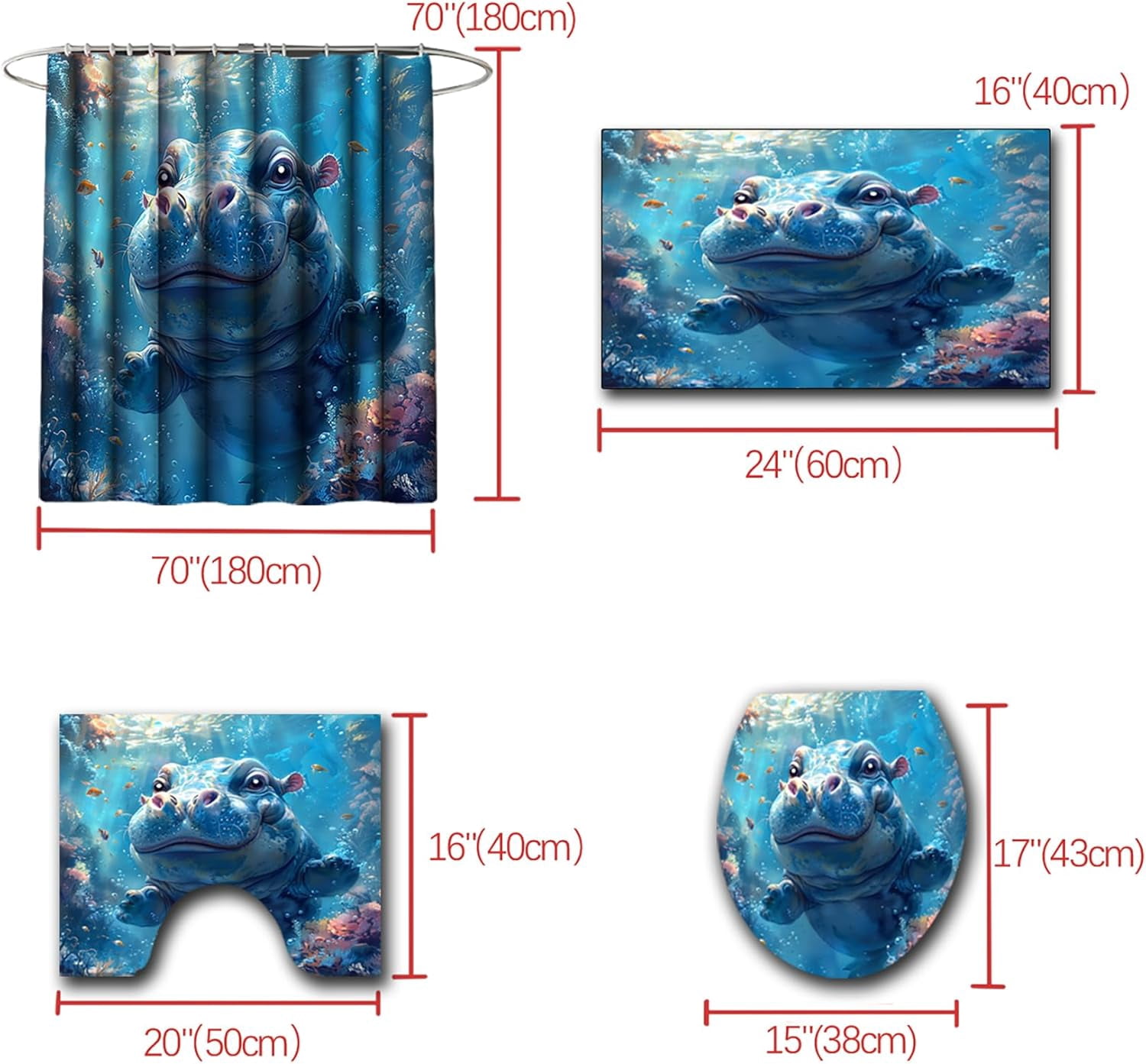 4 Pcs Shark Shower Curtain Set - Shark Bath Curtain, Blue Shark Bathroom Ocean Themed Shower Curtain for Kids Boys Girls, Sea Animal Shower Curtain with Rug, Toilet Cover, Bath Mat with 12 Hooks