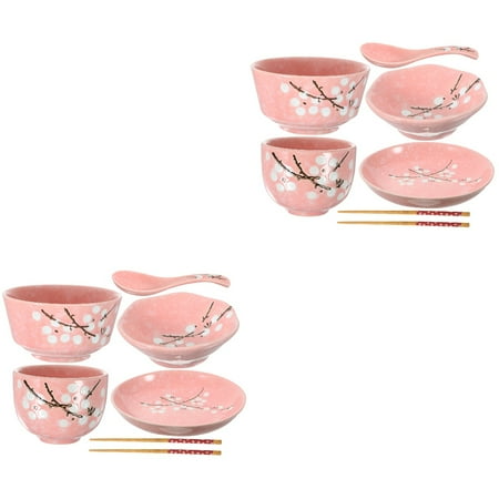

12 pcs Japanese Style Ceramic Tableware Set Household Cutlery Creative Ceramic Dinnerware Set (Pink)