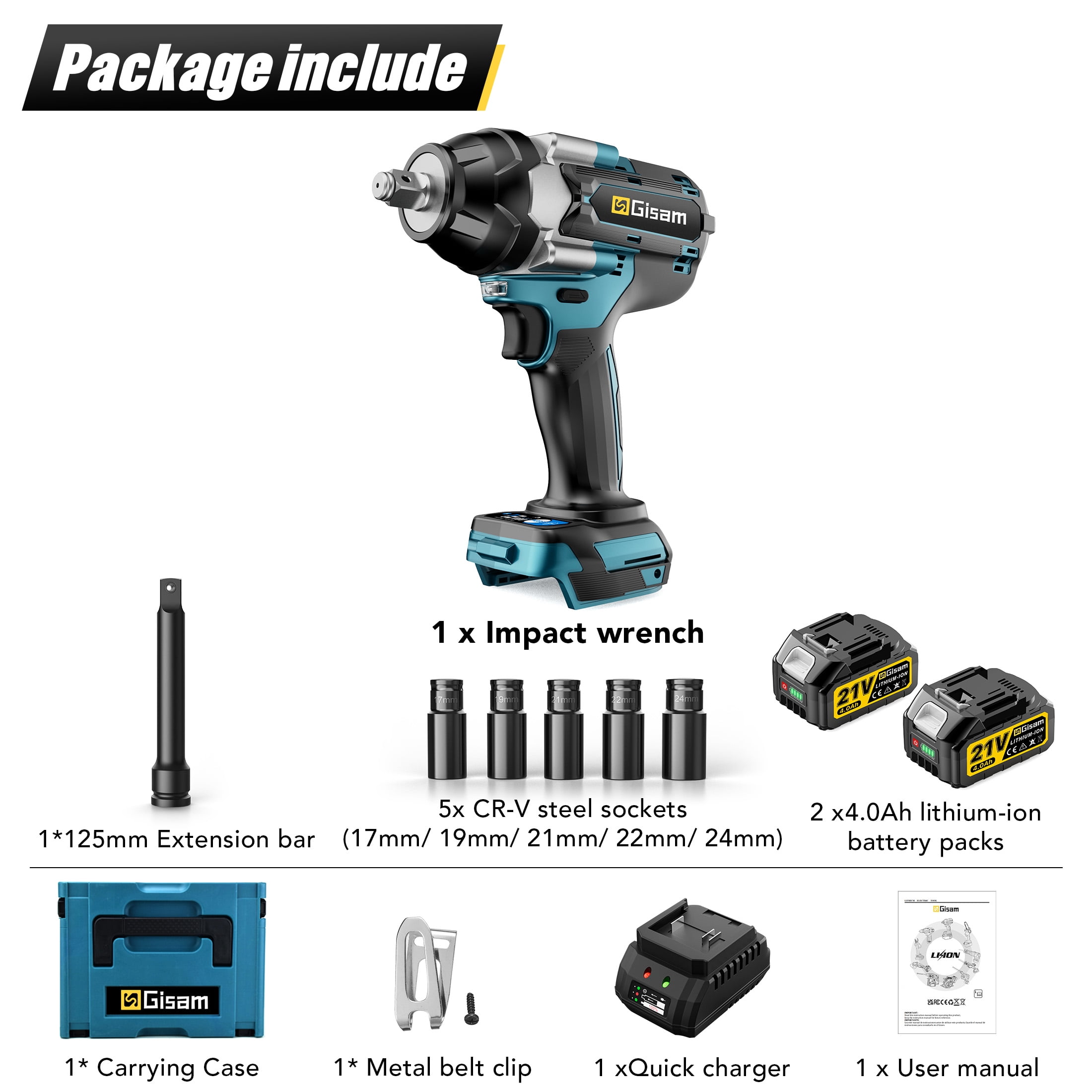 Gisam 1000N.m(738 ft-lbs) Cordless Brushless Impact Wrench,1/2 inch Impact Gun with 2x4.0Ah Batteries & 6 Sockets Accessories ,Pistola De Impacto for Home Car Tire