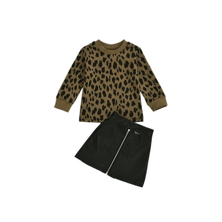 

Listenwind Baby Leopard Print High Neck Long Sleeve Sweater + zipper Leather Skirt