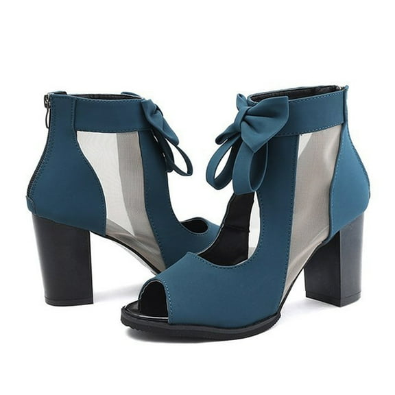 Blue size 39 [245] Spring and summer new bow sandals, medium heel, thick heel, women's mesh shoes, fashionable and versatile fish mouth shoes