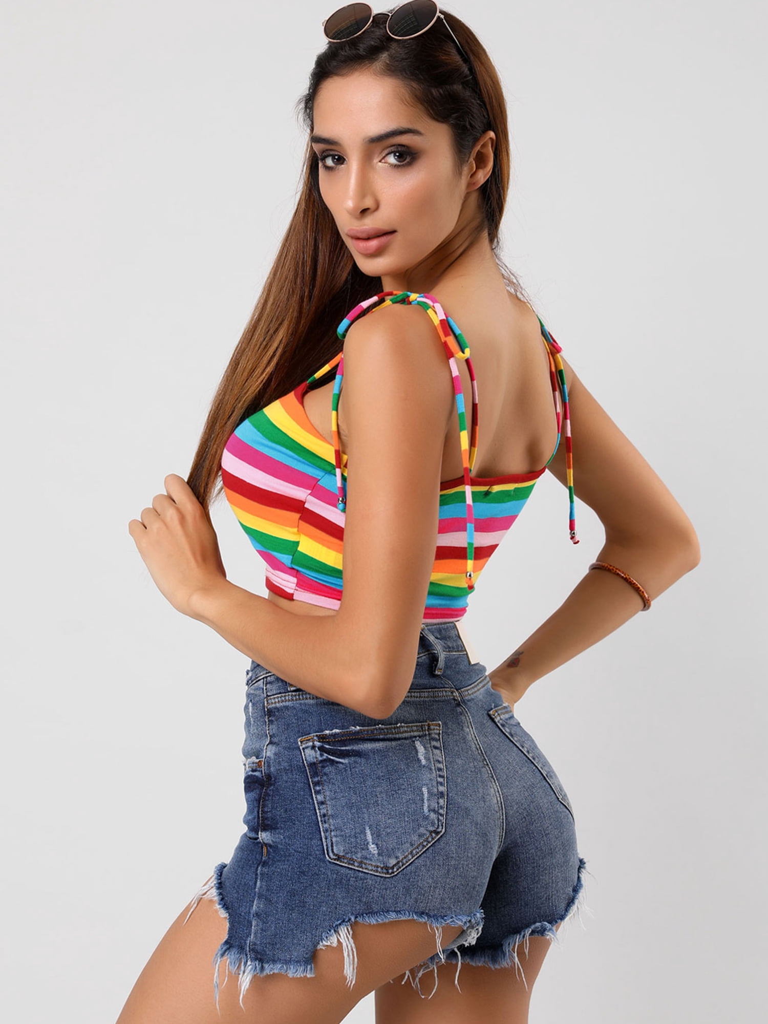 DARING DIVA Women's Rainbow Striped Tie Crop Top 3XL Pink