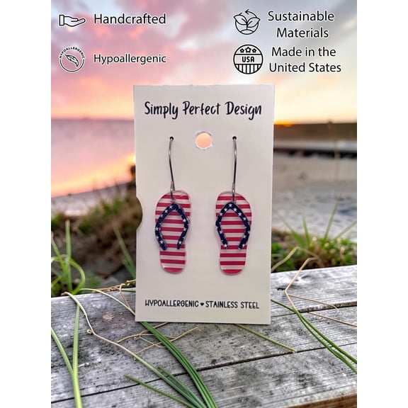 Patriotic American Flag Flip Flop Dangle Earrings for Women - Hypoallergenic Stainless Steel Red White Blue July 4th Jewelry - Handmade in USA