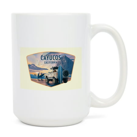 

15 fl oz Ceramic Mug Cayucos California Lithograph Surfers on Beach Contour Dishwasher & Microwave Safe