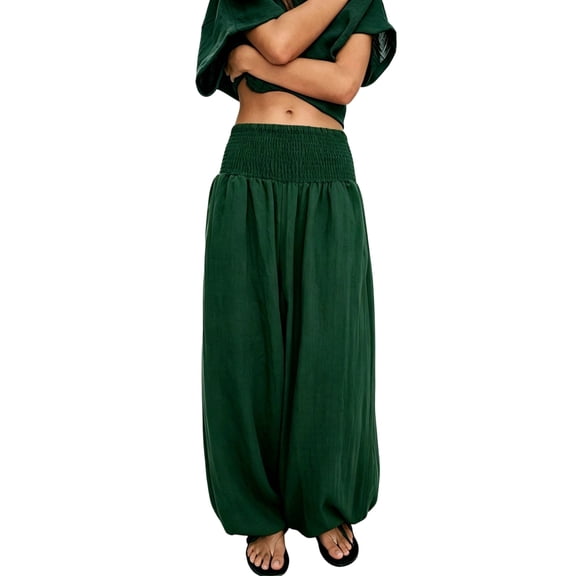 Yungyresw Womens Baggy Harem Pants Solid Color Wide Leg High Smocked Waist Flowy Pants For Women Summer Beach Lounge Casual Trousers Deep Green L