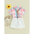thumbnail image 4 of Jxzom Toddler Baby Boy Gentleman Outfits Suits 3 6 12 18 Months Plaid Buttons Short Sleeve Bow Tie Romper+Overall Shorts Set, 4 of 8