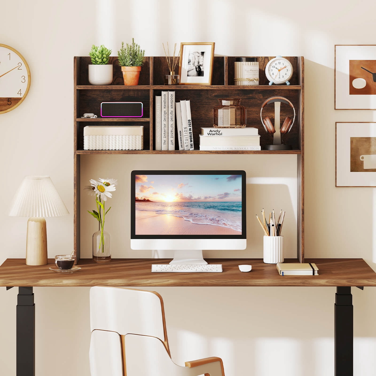 Costway 3-Tier Desktop Bookshelf with 6 Shelves Desk Organizer for Computer Desk Rustic Brown