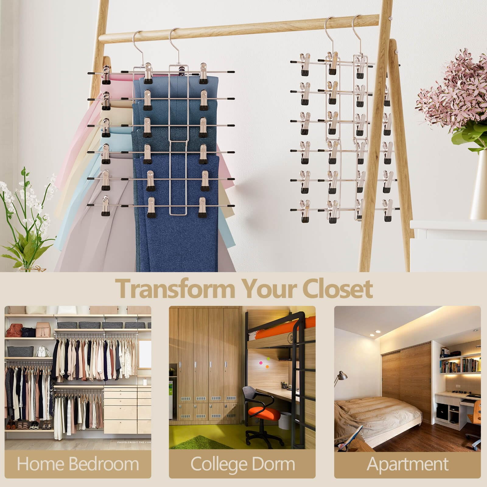 Pants Hangers with Clips,Space Saving Hanging Closet Organizer-6 Tiers Skirt Hangers with 360° Swivel Hook,Closet Organizer-Clothes Hangers- College Dorm Essentials Apartment Essentials