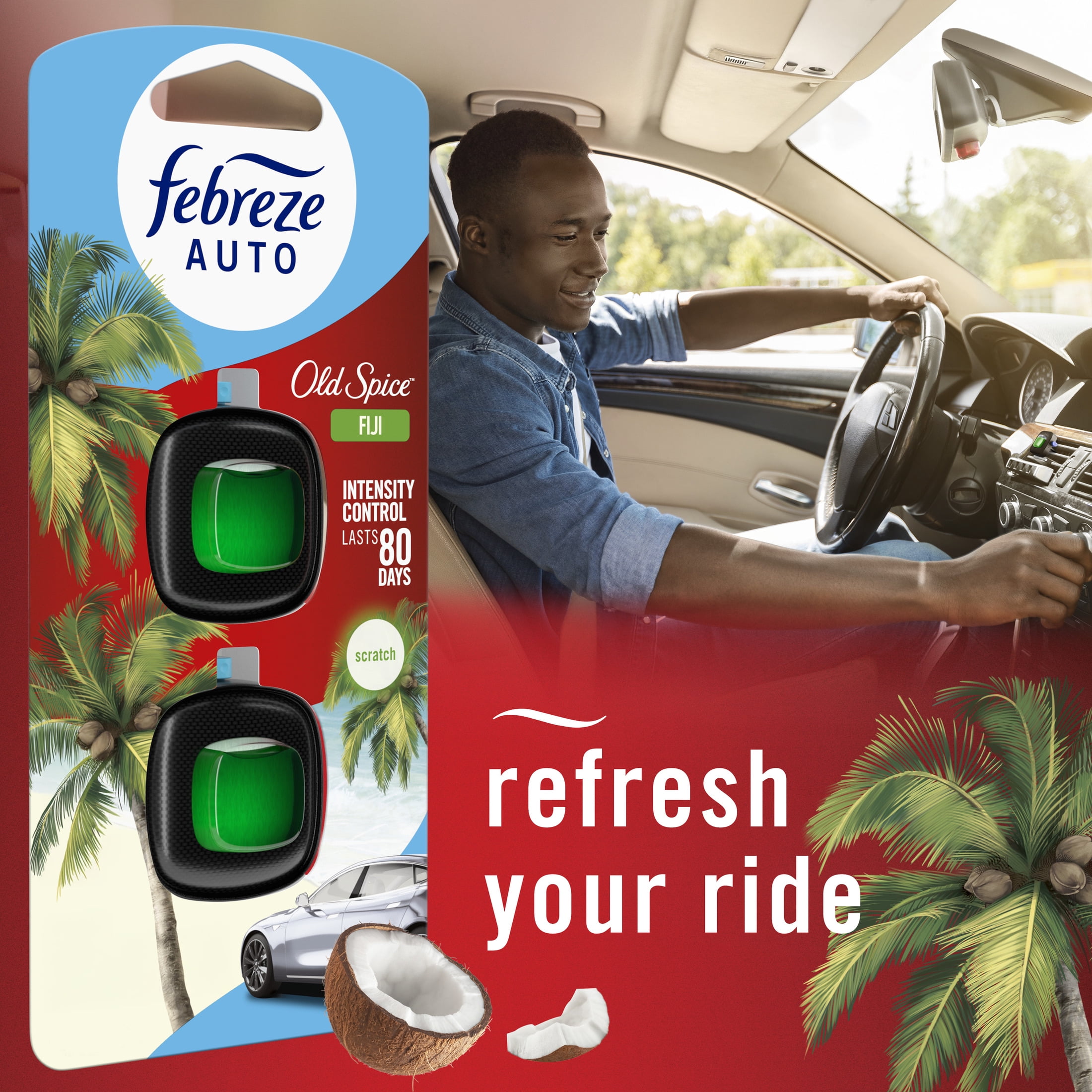 Febreze AUTO Car Air Freshener, Odor-Fighting Car Vent Clip, Old Spice Fiji, 2 Count