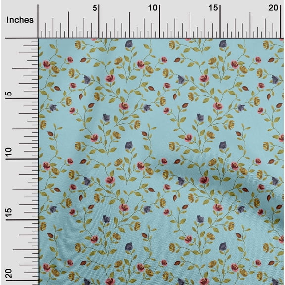 oneOone Cotton Poplin Twill Sky Blue Fabric Flower & Leaves Watercolor Sewing Craft Projects Fabric Prints By Yard 56 Inch Wide