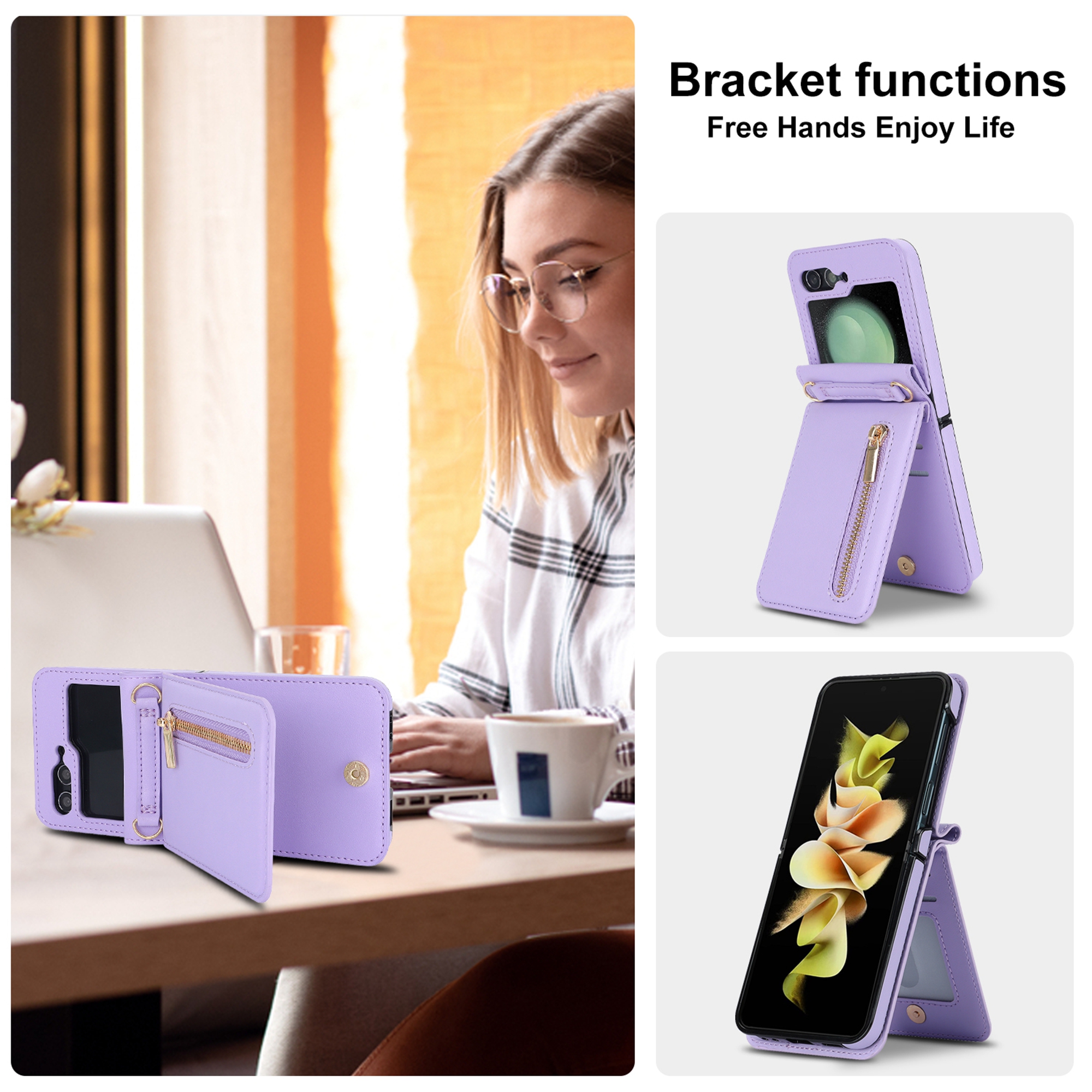 Decase for Samsung Galaxy Z Flip 5 Luxury Zipper Wallet Phone Case, Multi-Function Kickstand Card Holder Adjustable Fashion Flip Cover Case with Crossbody Strap for Samsung Z Flip 5 5G,Purple
