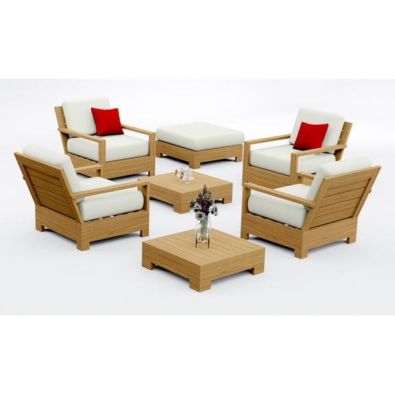 Leveb Teak Wood 7 Pc Lounge Chair Set: 4 Lounge Chairs, Ottoman & 2 Side Tables With Cushions in Outdoor Sunbrella Fabric #5404 Canvas Natural