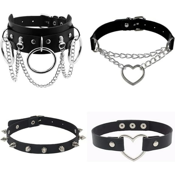 4Pcs Adjustable Gothic Choker Set, Rivet & Spike Punk Jewelry, Black PU Leather Necklace for Women Lady, Halloween Cosplay Gift Night Club Accessory