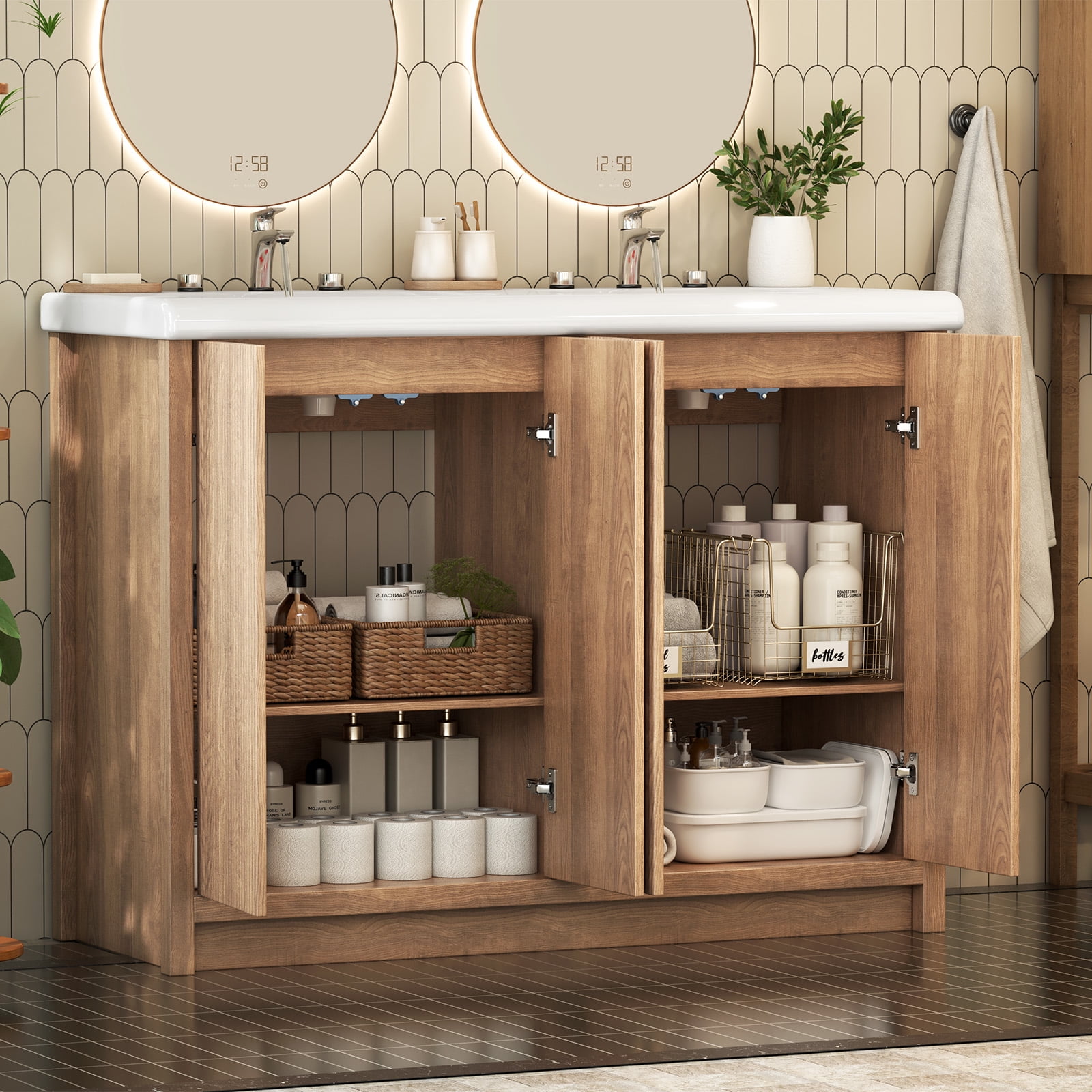 Jarbalai 47" Freestanding Double Sink Bathroom Vanity and Storage Shelves Cabinet, Oak