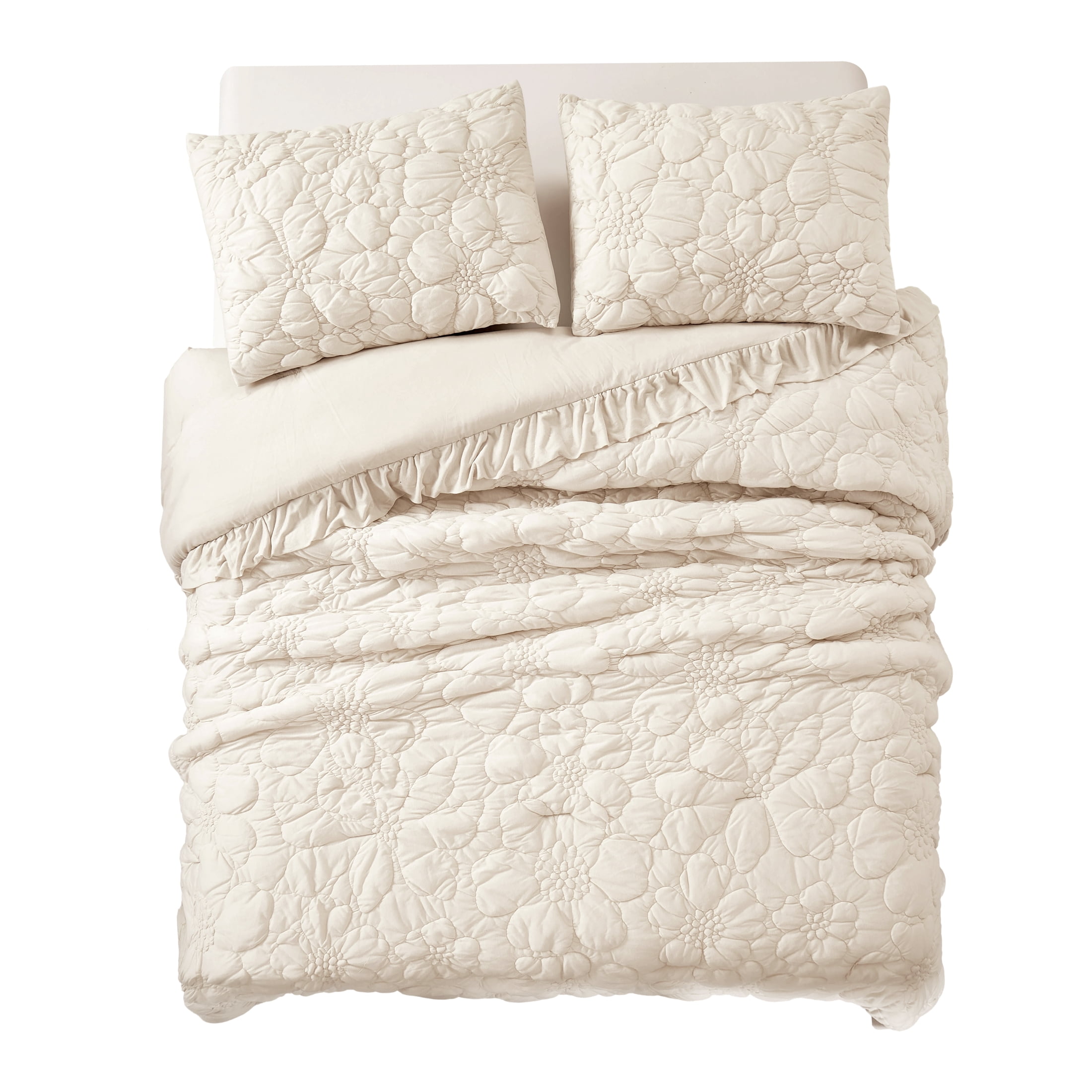 The Pioneer Woman Ruched Floral 3-Piece Comforter Set, King, All Season, Linen