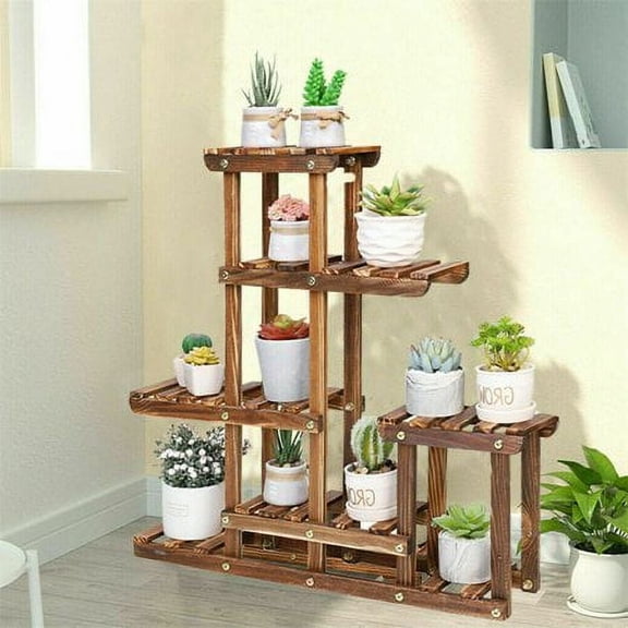 Solid Pine Wood Plant Stand Mothproof Brown Flower Display Garden Shelf,23.6x4.5x24.2 inch