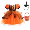 thumbnail image 5 of Mnyotv Girls Dress Bubble Sleeve Skirt Dresses with Pumpkin Buckets and Witch Hats Halloween Outfits for Girls Size 7-8Y, 5 of 7