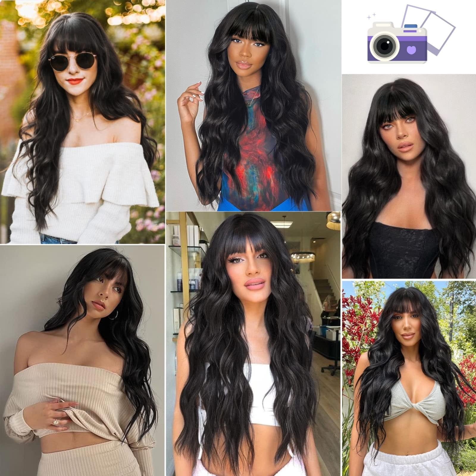 WEIWEIGG Gradient Black Long Wavy Curly Wig with Bangs - 26 Inch, Dark Roots Wig for Women, Heat Resistant Synthetic Hair, Breathable, Lightweight, Natural Looking Adjustable Cap for Daily Wear