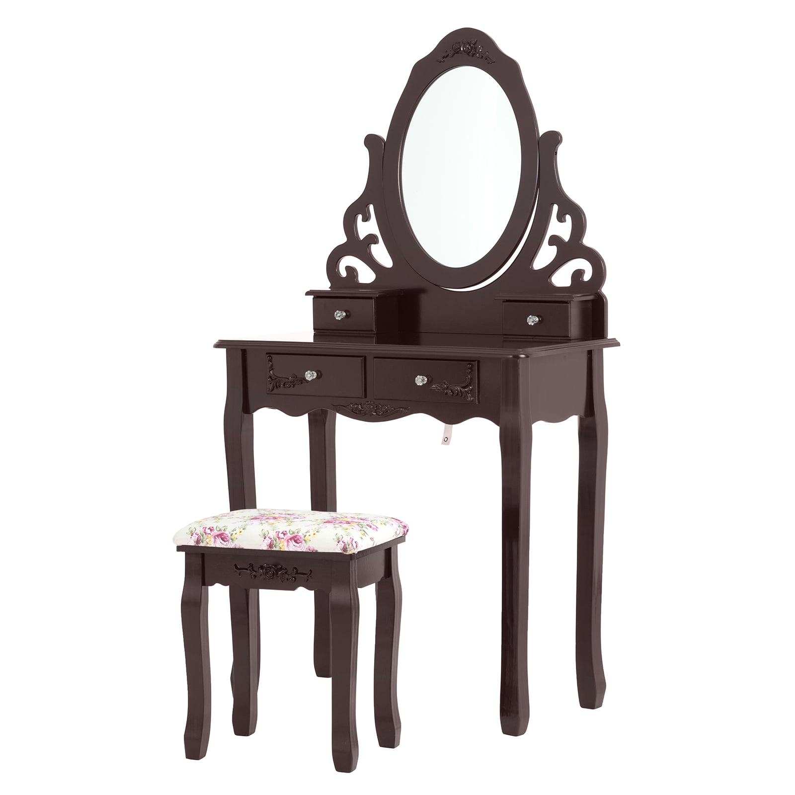 Mecor Vanity Table Set w/Cushoined Stool,Makeup Table with Oval Mirror Hollow Carved Frame, Wood