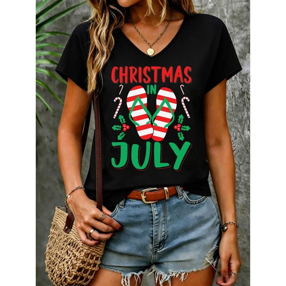 Christmas in July Flip Flop Summer Holiday Comfort Colors Adult Heavyweight V Neck T-Shirt Cotton Women's V Neck Graphic Tee, Casual Short Sleeve Shirt,Vacation Outfit