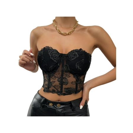

Loalirando Lace Corset Tops for Women Aesthetic Vintage Sleeveless Off Shoulder Laces Push Up Bustier Tank Crop Top
