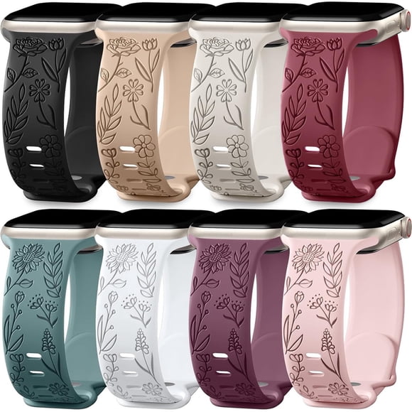 Tianle 8 Pack Bands for Women Apple Watch 40mm 41mm 38mm 42mm 44mm 45mm 49mm iWatch Series 9 8 7 6 5 4 3 Ultra 2/1 SE SE 2nd, Soft Silicone Floral Engraved Dressy Wrist Straps