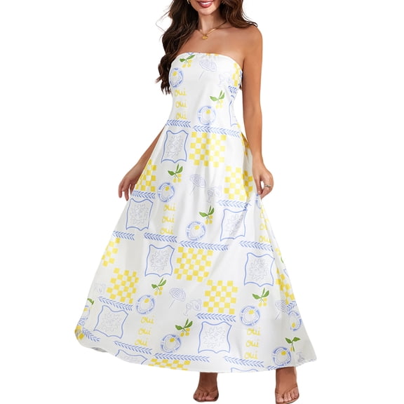 Mevireiy Women Strapless Tube Dress Abstract Printed Flowy Off Shoulder Y2K Beach Bandeau Dresses