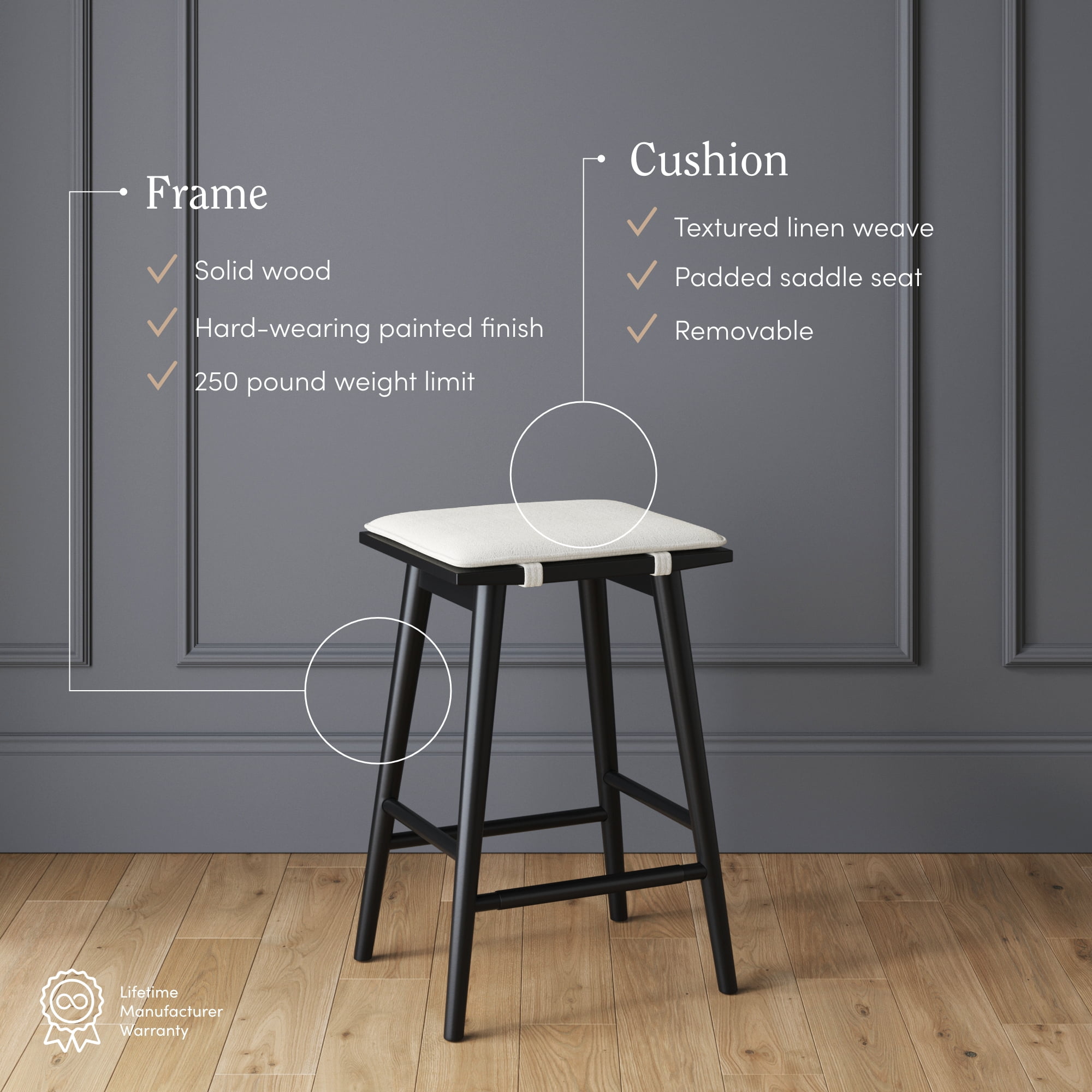 Nathan James Barker Counter Height Solid Wood Barstool with Upholstered Cushion, Backless Island Stool with Rubberwood Legs and Natural Textured Linen Upholstery for Kitchen, Black/White