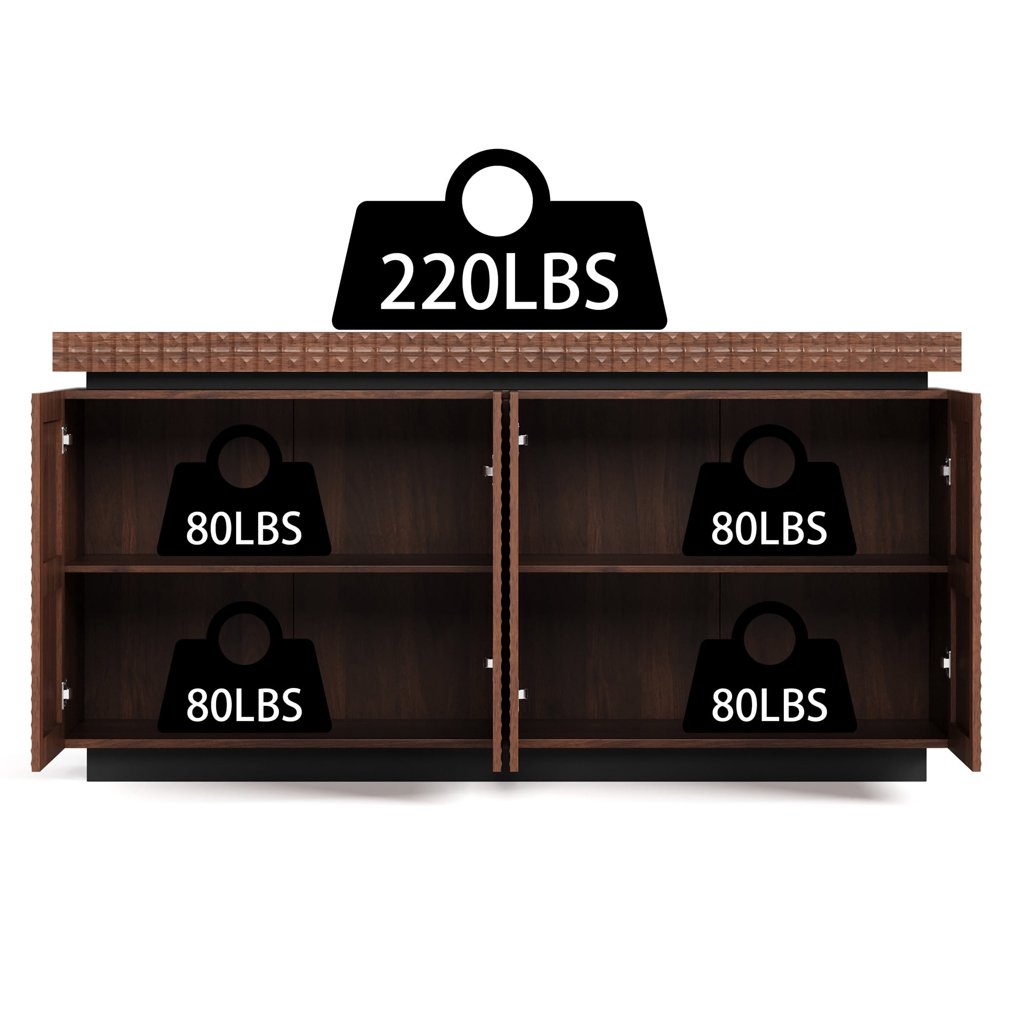 Homy Casa 58.3 in Modern Textured Sideboard Buffet Cabinet, 4-Door Storage Credenza, Antique Brown
