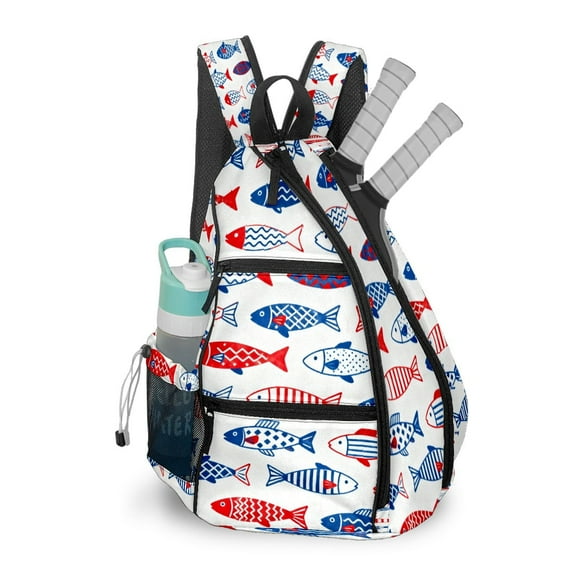 Pickleball Shoulder Bag for Men and Women - Fence Hook - Crossbody Backpack with Water Bottle Holder Red, Blue & White Fish