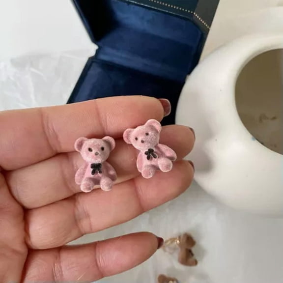 QQTDFG Flocking Kawaii Animal Earrings Little Bear Gift Accessories-Pink