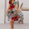 thumbnail image 1 of Vestido de manga corta con cuello en V y estampado de flores para mujer, ropa de calle de tendencia, vacaciones de verano, vestido de viaje informal, vestido de dobladillo grande, 1 of 4