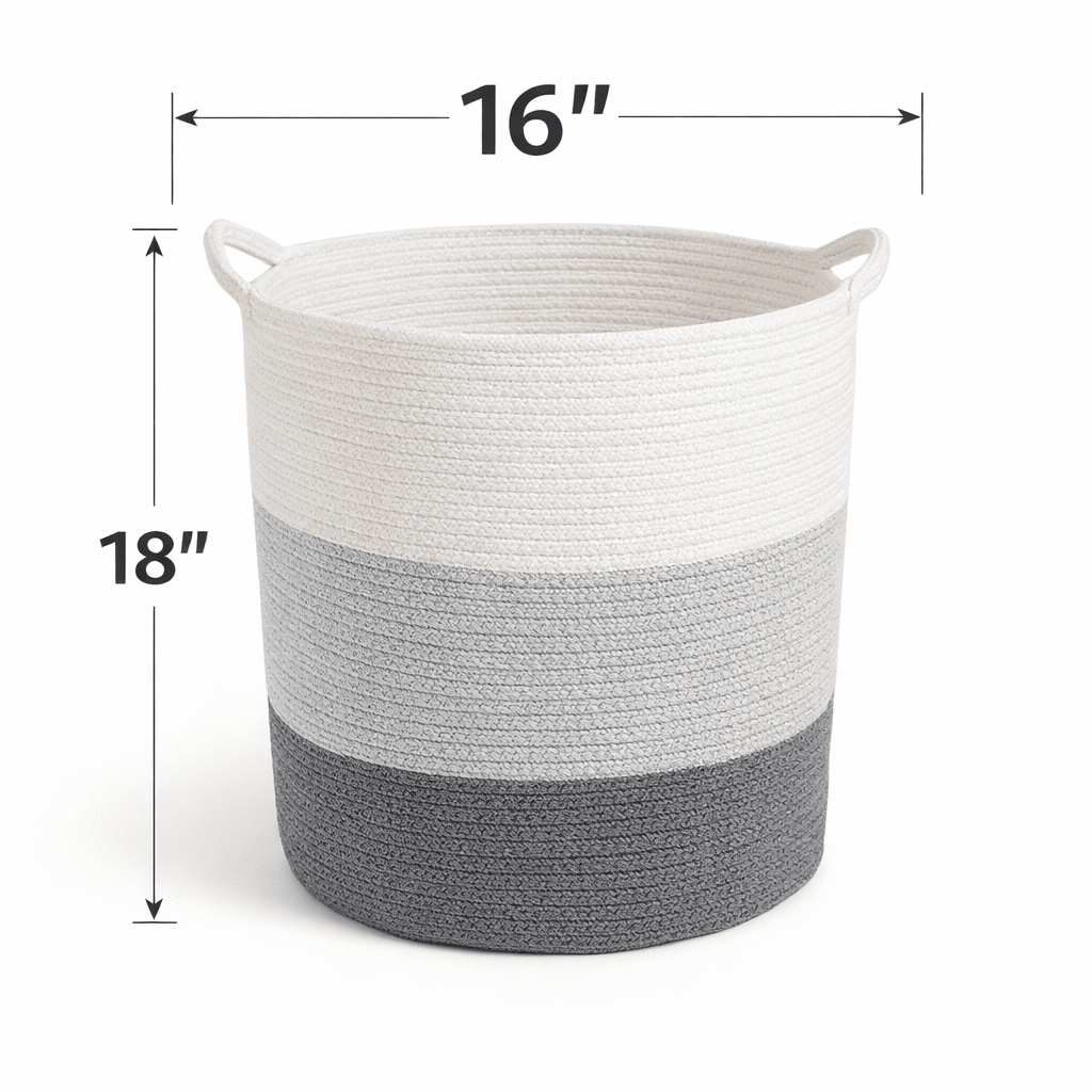 Orino 18"x16" Extra Large Storage Baskets with Handle-Cotton Rope Laundry Basket-Toy Storage Organizer-Soft Baby Kid Nursery Hamper Organizer-Tall Woven Basket Toy Storage Bin(Black+Grey+Beige)