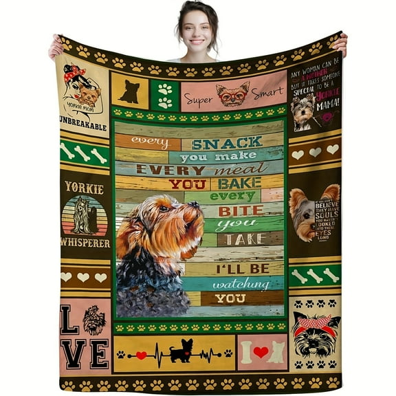 Yorkie Love Lodge Style Knitted Throw Blanket - Polyester Flannel with Animal Theme, Mixed Patterns & Unique Embellishments - Cozy All-Season Gift for Dog Lovers