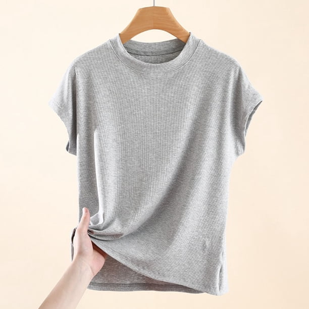 Fiudx Camisas de Mujer Top de Cuello Redondo de Manga Corta de Color Sólido Informal y de Moda para Mujer