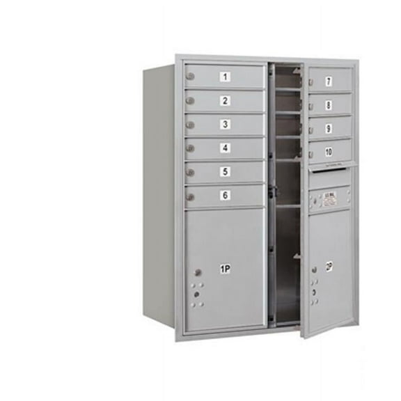 11 Door High Recessed Mounted 4C Horizontal Mailbox with 10 Doors and 2 Parcel Lockers in Aluminum with Private Access - Front Loading