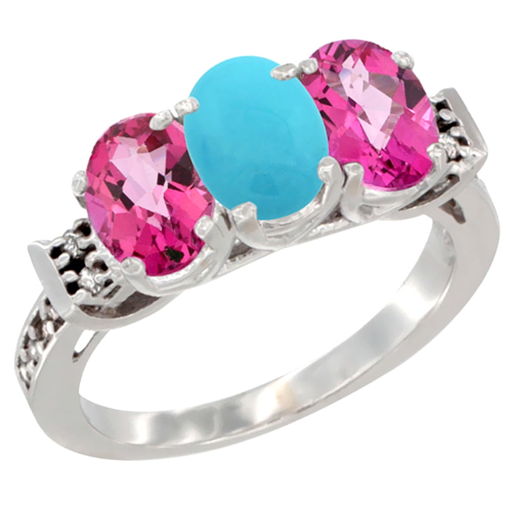 14K White Gold Natural Turquoise & Pink Topaz Sides Ring 3-Stone Oval 7x5 mm Diamond Accent, sizes 5 10 by WorldJewels