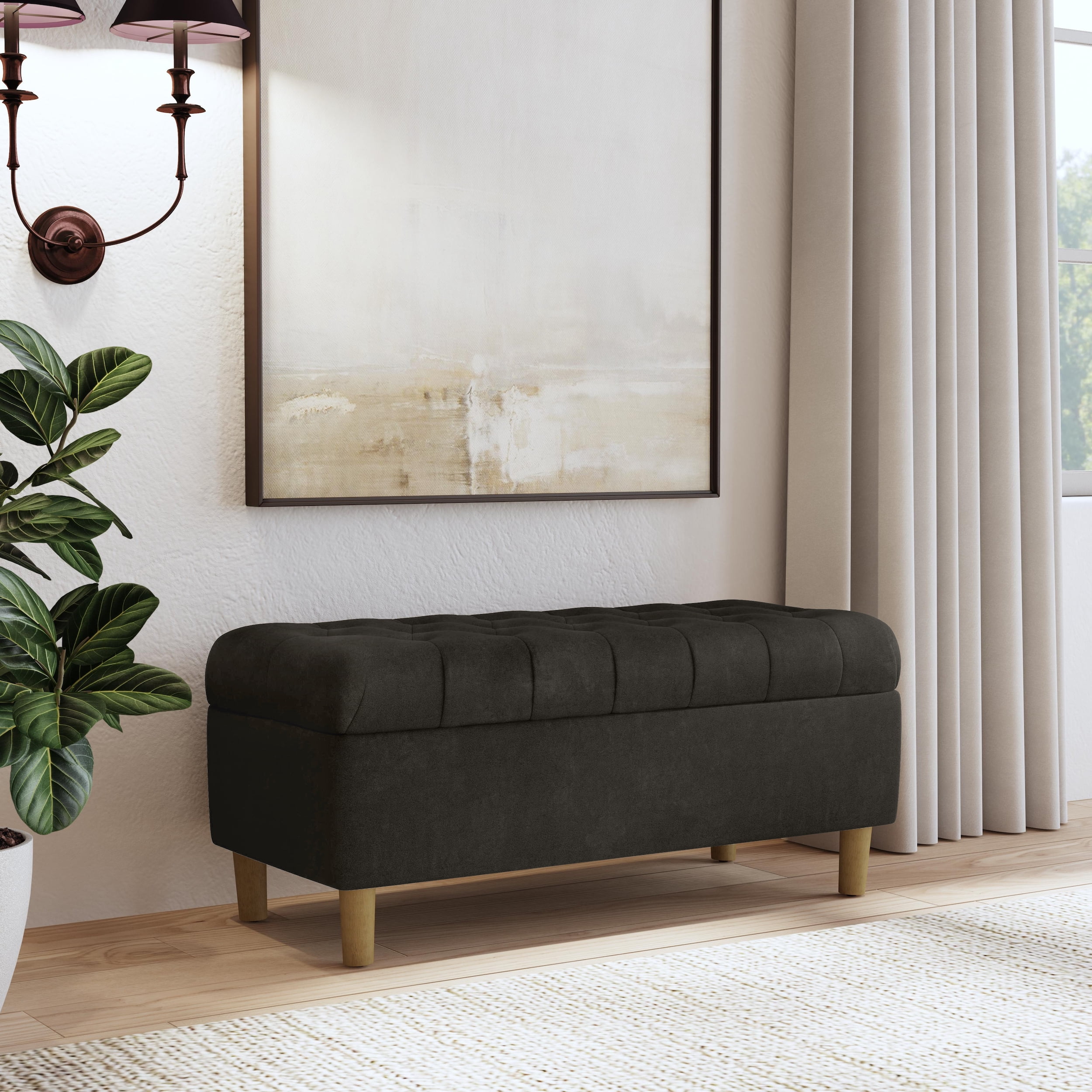 HomePop Button Tufted Storage Bench, 40"W x 18"D x 18"H, Chocolate Brown Velvet