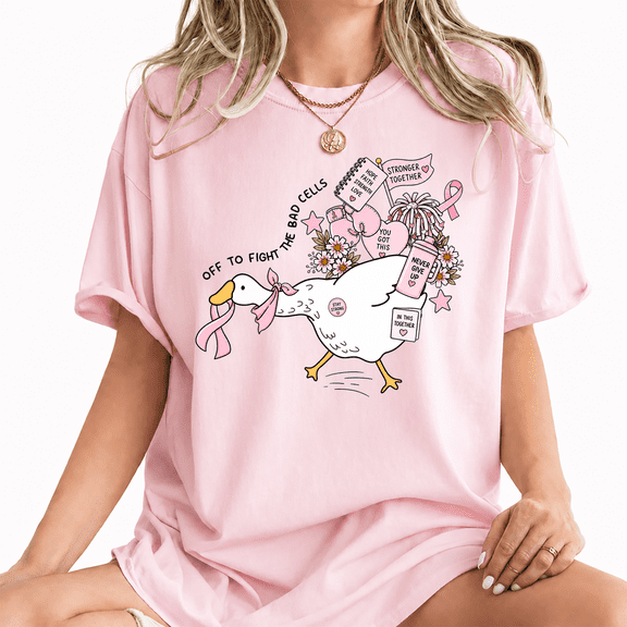 Godmerch Women's Off to Fight the Bad Cells Funny Goose Breast Cancer Awareness Pink Ribbon T-Shirt